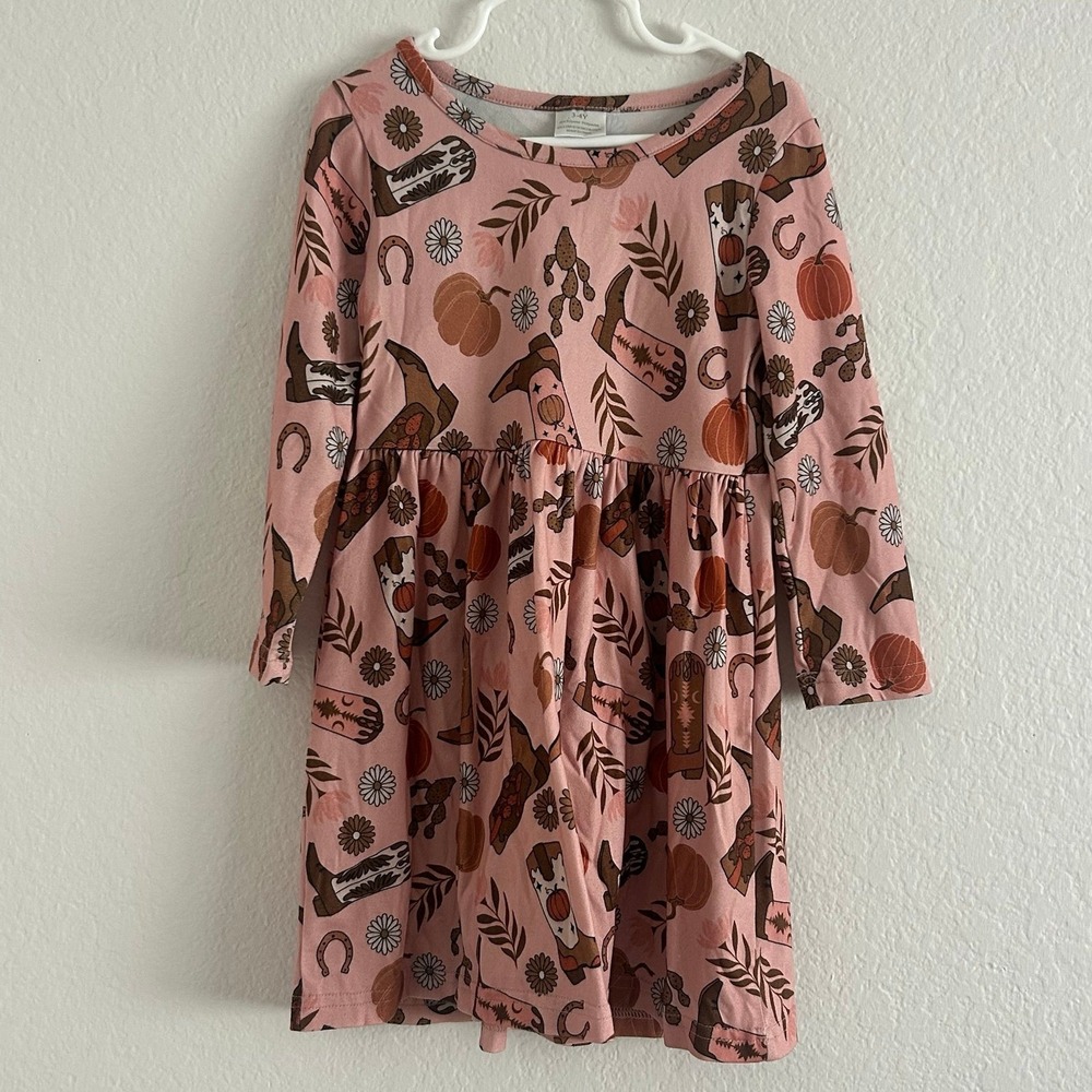 Little Girls Fall Pumpkin Cowboy Boots Cactus Pattern Dress 3-4Y